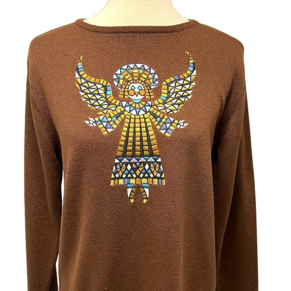 Bob Mackie Wearable Art Brown Metallic Angel Long Sleeve Tunic Top Womens Medium - Picture 3 of 10